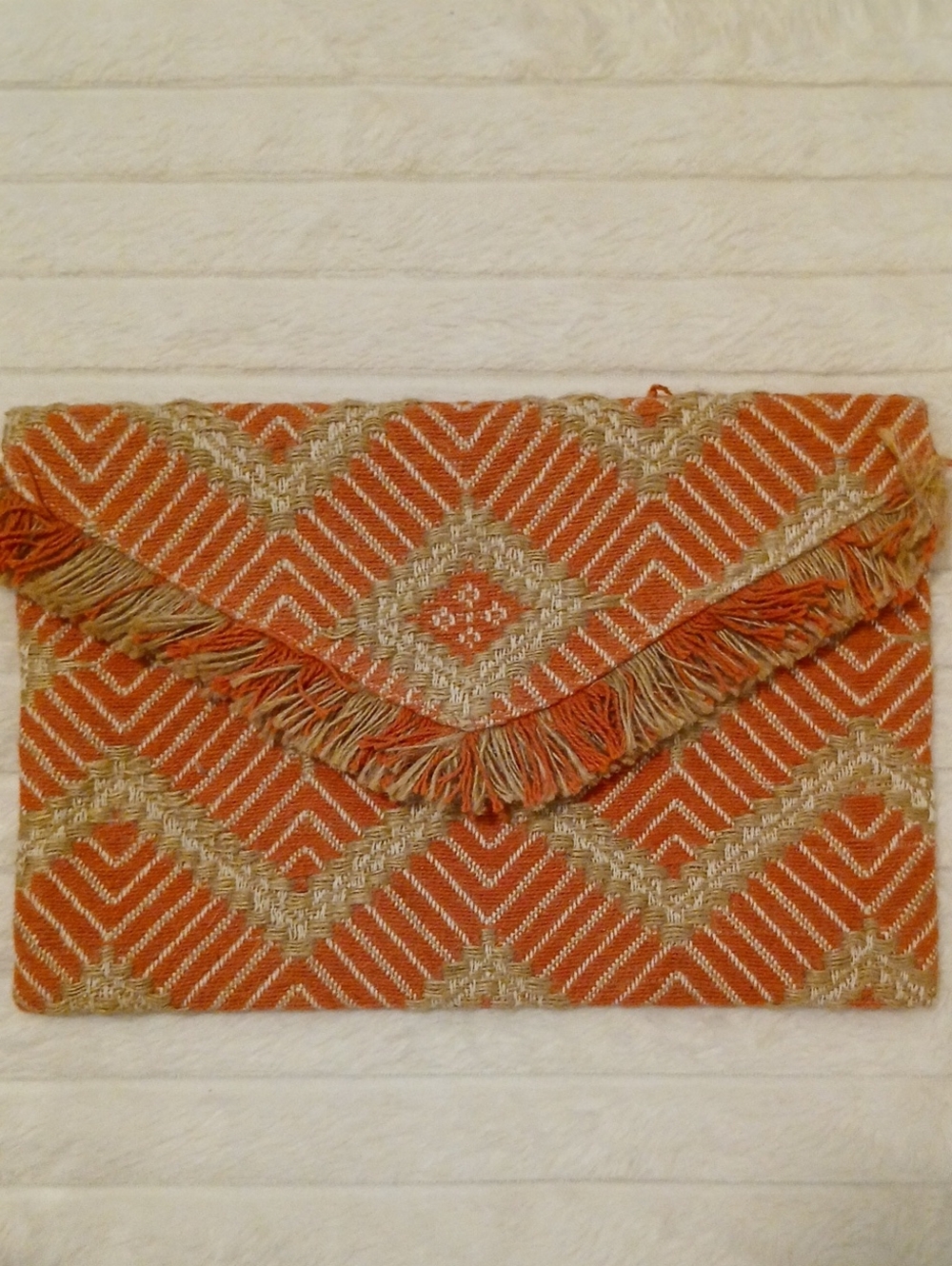 Woven Fringe Envelope Clutch in Rust and Tan